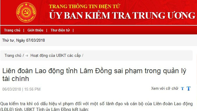 Kỷ luật Phó bí thư Đảng đoàn, Phó chủ tịch LĐLĐ tỉnh Lâm Đồng