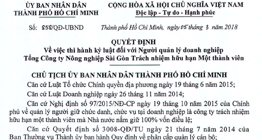 TGĐ Công ty Nông nghiệp Sài Gòn bị kỷ luật