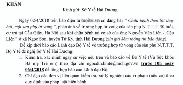 Bộ Y tế vào cuộc vụ sản phụ tử vong vì tin thầy bói ở Hải Dương