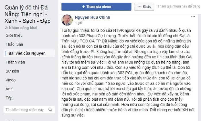 Con ẩu đả ở quán bánh xèo, bố lên mạng xin lỗi lãnh đạo CA Đà Nẵng