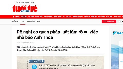 Tuổi Trẻ lên tiếng vụ nghi xâm hại tình dục của nhà báo Anh Thoa