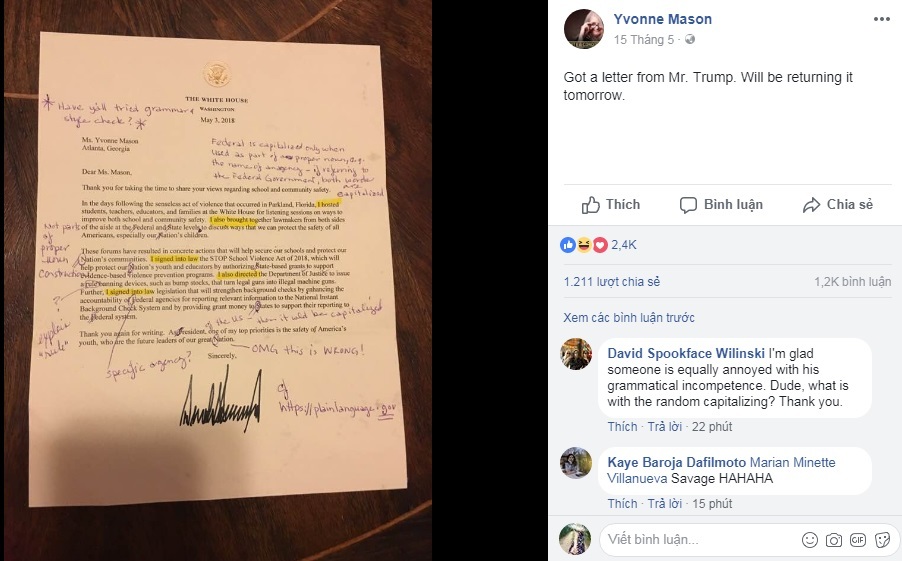 Cô giáo sửa lỗi ngữ pháp chi chít trong thư hồi âm của Tổng thống Trump