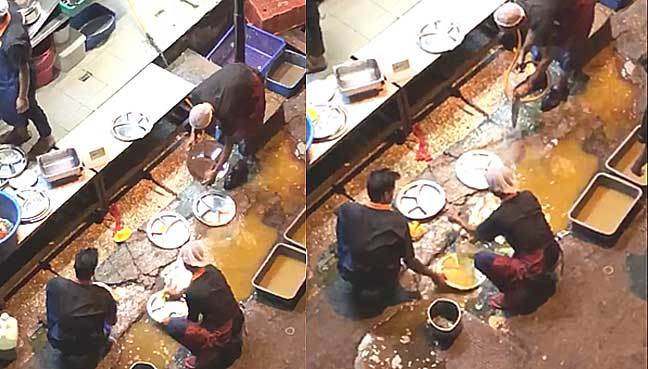Nhân viên nhà hàng bị phát hiện rửa đĩa trong vũng nước bẩn