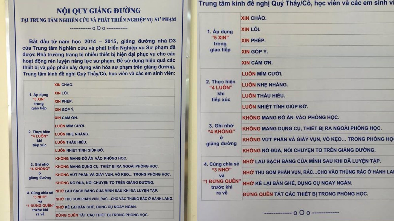 Bảng nội quy “5 xin, 4 luôn, 4 không, 3 nhớ” dành cho thầy trò sư phạm