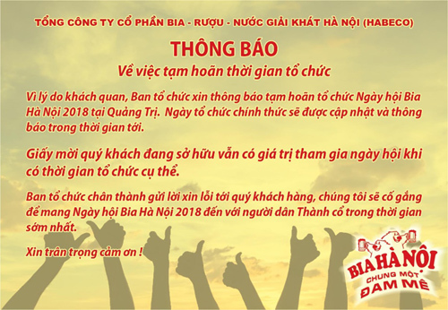 Tạm hoãn Ngày hội Bia Hà Nội 2018 ở Quảng Trị