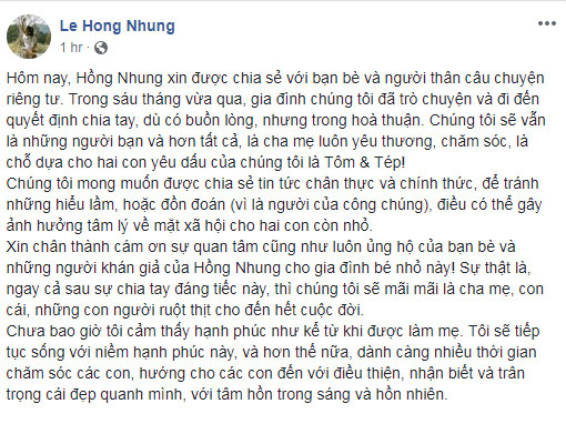 Hồng Nhung bất ngờ tuyên bố cuộc hôn nhân với chồng Tây tan vỡ