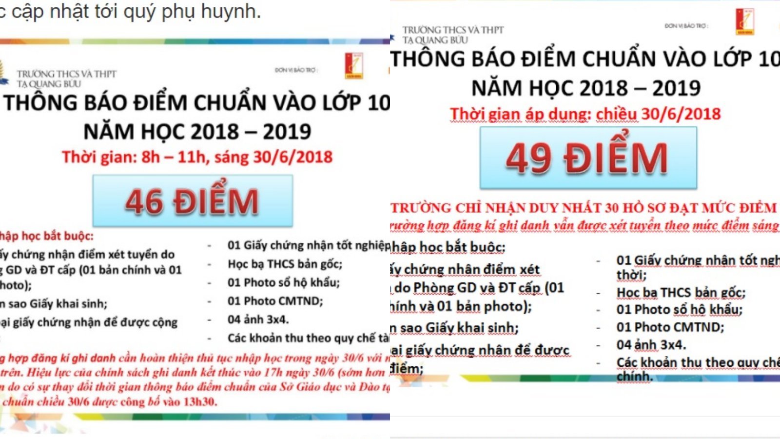 Điểm chuẩn lớp 10: Sáng 46, chiều 49