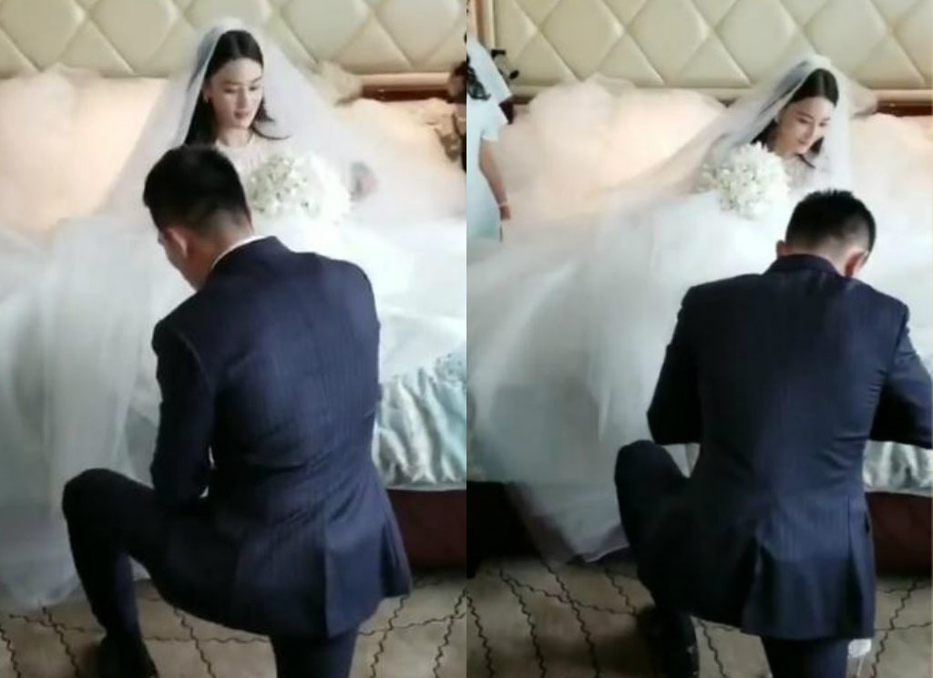 Soái ca đặc công quỳ gối xỏ giày cho Trương Hinh Dư trong đám cưới