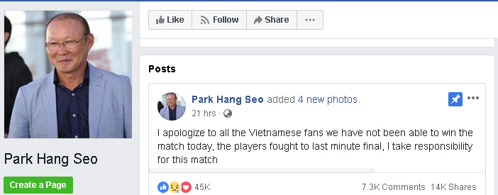 Facebook giả HLV Park Hang Seo thu hút hàng trăm ngàn người theo dõi
