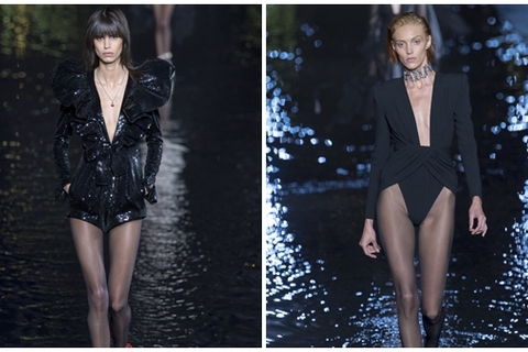 Dàn mẫu không nội y trình diễn trên sân khấu nước trong show Saint Laurent