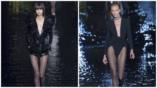 Dàn mẫu không nội y trình diễn trên sân khấu nước trong show Saint Laurent