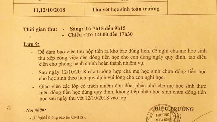 Cho trẻ nghỉ học nếu phụ huynh đóng tiền muộn