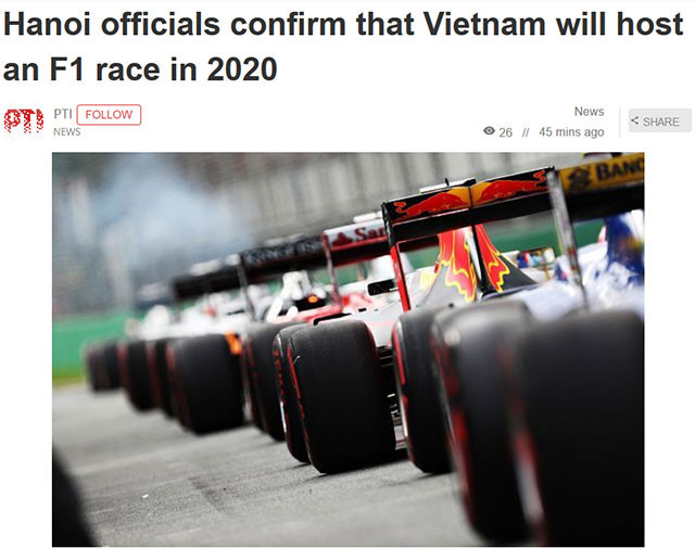 Quốc tế đưa tin: Việt Nam đăng cai đua F1 vào 2020