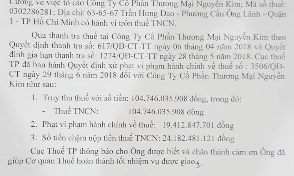 Giúp Cục thuế truy thu 148 tỷ của Nguyễn Kim, một cá nhân được thưởng 3 triệu