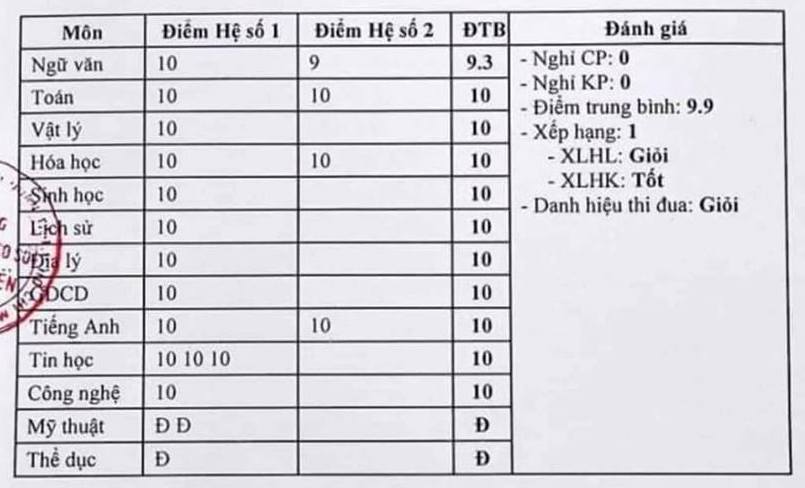 Bảng điểm toàn 10 của học sinh Sài Gòn