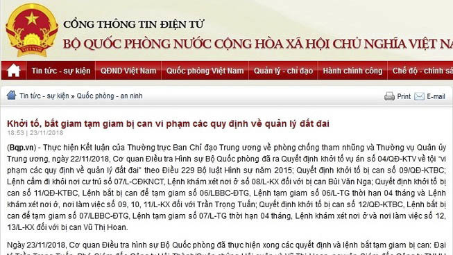 Bắt tạm giam 2 Đại tá quân đội vì vi phạm về quản lý đất đai