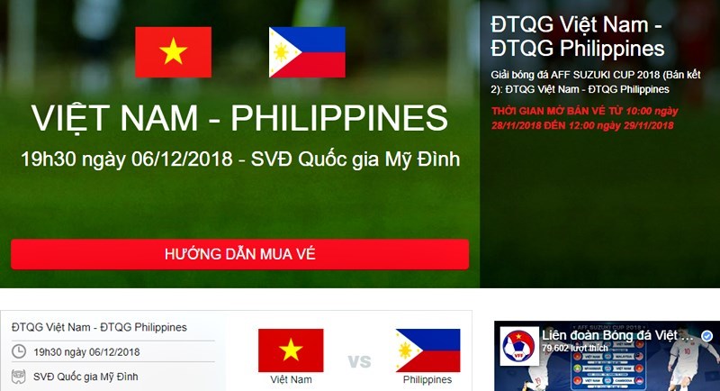 Hệ thống bán vé Việt Nam vs Philippines quá tải ngay khi bắt đầu