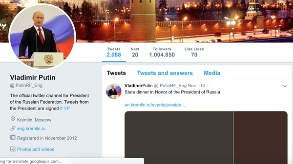 Twitter khóa tài khoản giả mạo của Tổng thống Putin