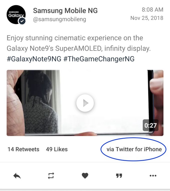 Samsung dùng iPhone để đăng thông điệp lên Twitter