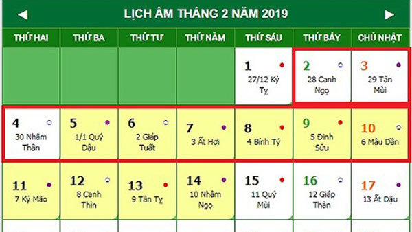 Tết nguyên đán 2019 được nghỉ mấy ngày?