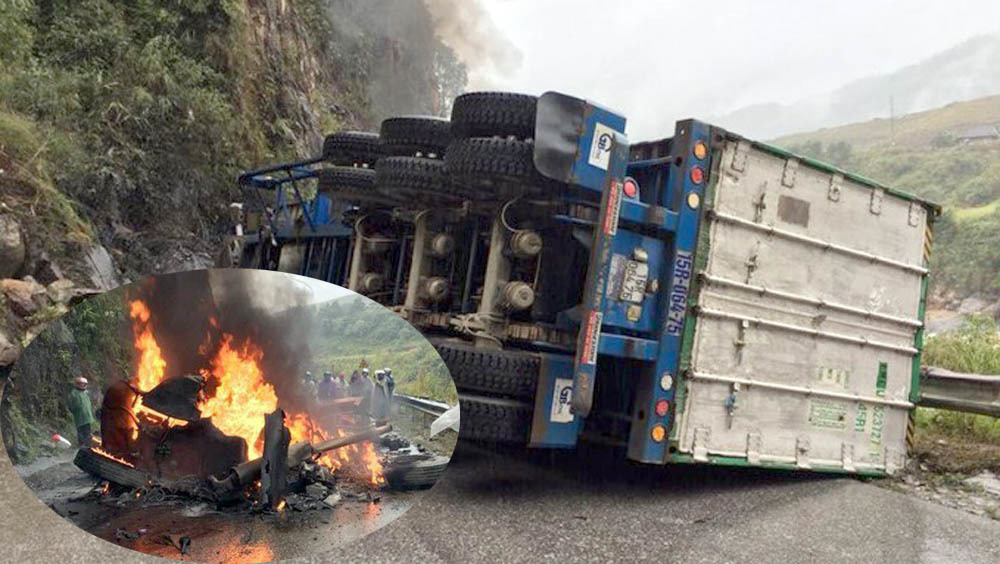 Lai Châu: Xe container đâm vách núi, cháy ngùn ngụt