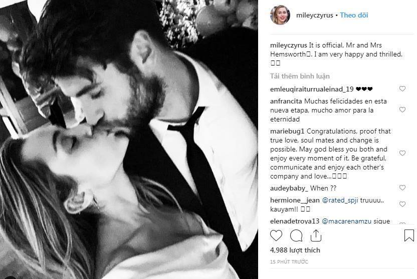 Miley Cyrus đăng ảnh cưới Liam Hemsworth, xác nhận kết hôn