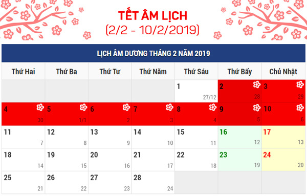 Nghỉ lễ, Tết năm 2019 còn 20 ngày