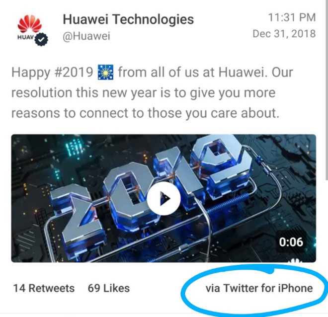 Huawei đăng tweet chúc mừng năm mới bằng iPhone