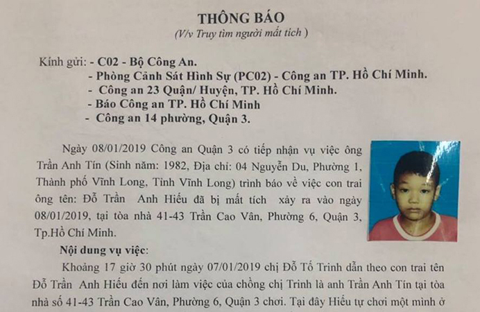 Bé trai 8 tuổi mất tích giữa trung tâm Sài Gòn