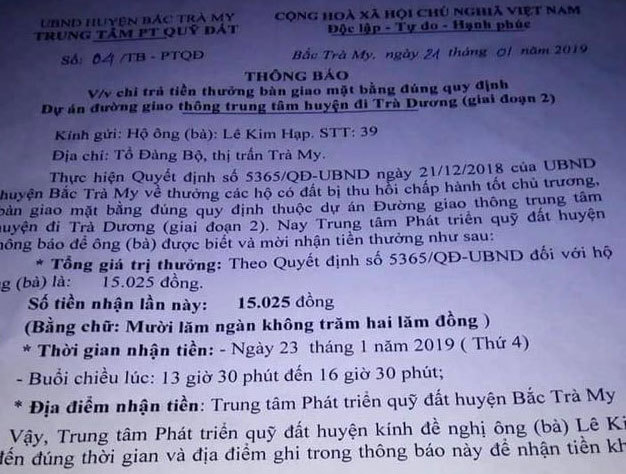 Xôn xao đất Quảng: 1 hộ dân được 'thưởng'... 15.000 đồng!