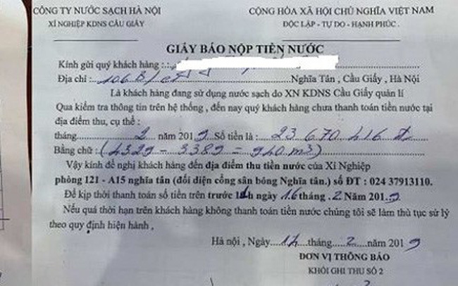 'Choáng' thông báo tiền nước 23,6 triệu/tháng, không nộp cắt nước