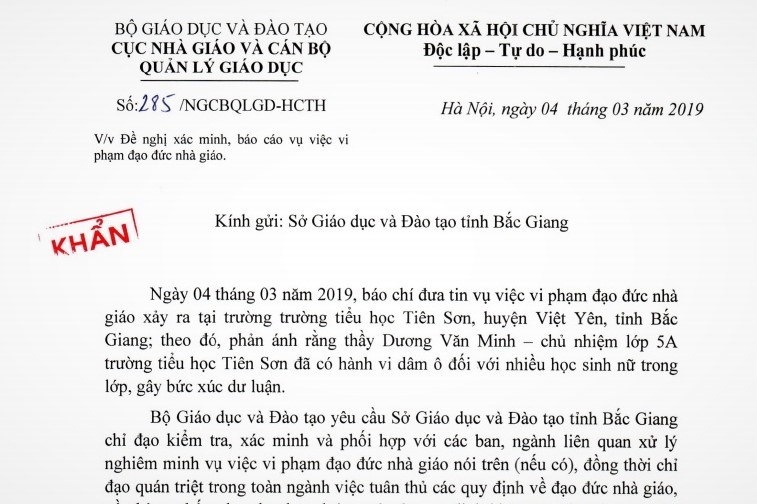 Hàng chục nữ sinh bị thầy giáo xâm hại, Bộ GD-ĐT đề nghị Sở Bắc Giang xác minh