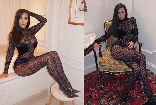 Kim Kardashian gây choáng ở Tuần lễ thời trang Paris với trang phục da báo xuyên thấu