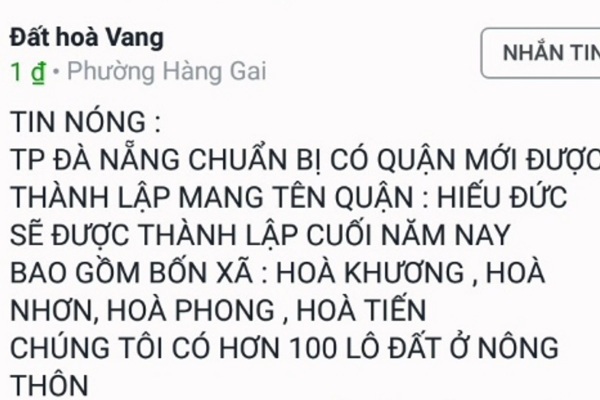 Cò đất lại giở trò, tung tin Đà Nẵng chia tách huyện Hòa Vang để thổi giá