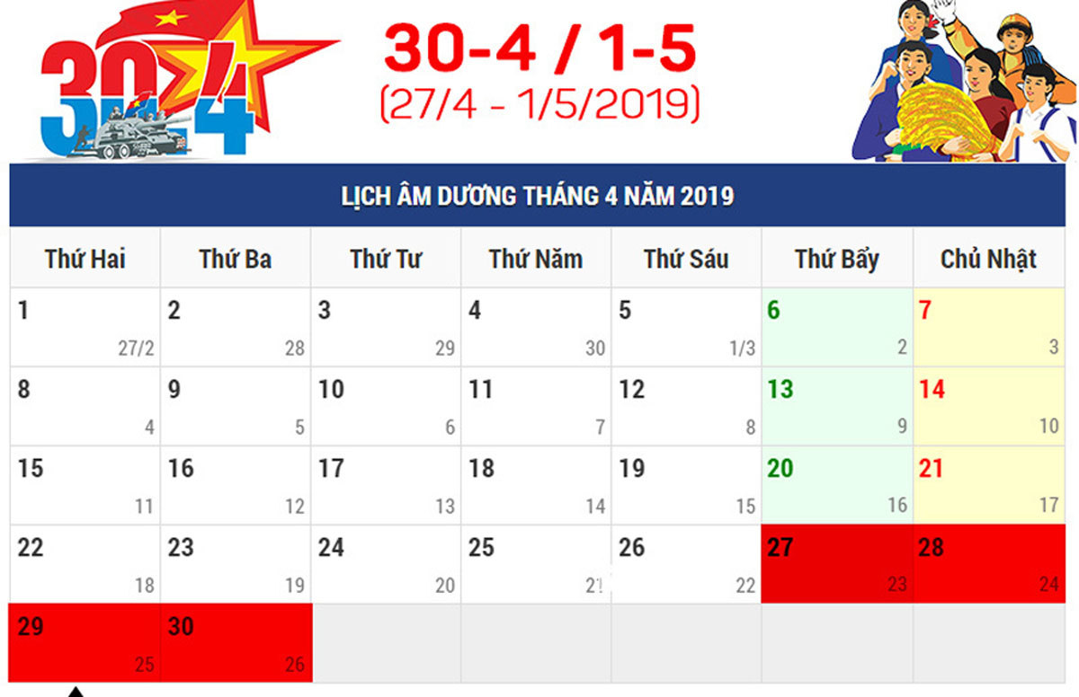 Lịch nghỉ Giỗ tổ Hùng Vương, 30/4 và 1/5 năm 2019