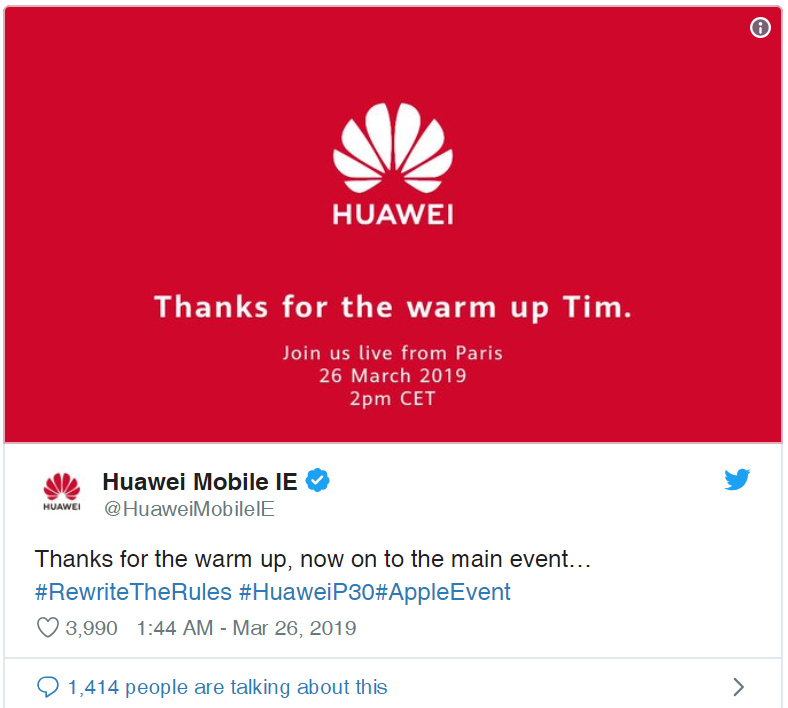Huawei bất ngờ đăng lời cảm ơn CEO Apple trên Twitter