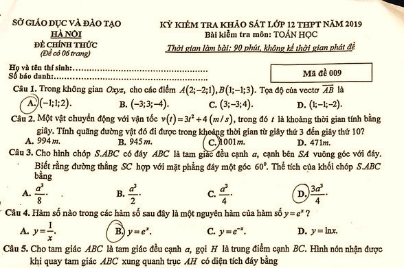 Đề toán thi thử THPT quốc gia năm 2019 ở Hà Nội