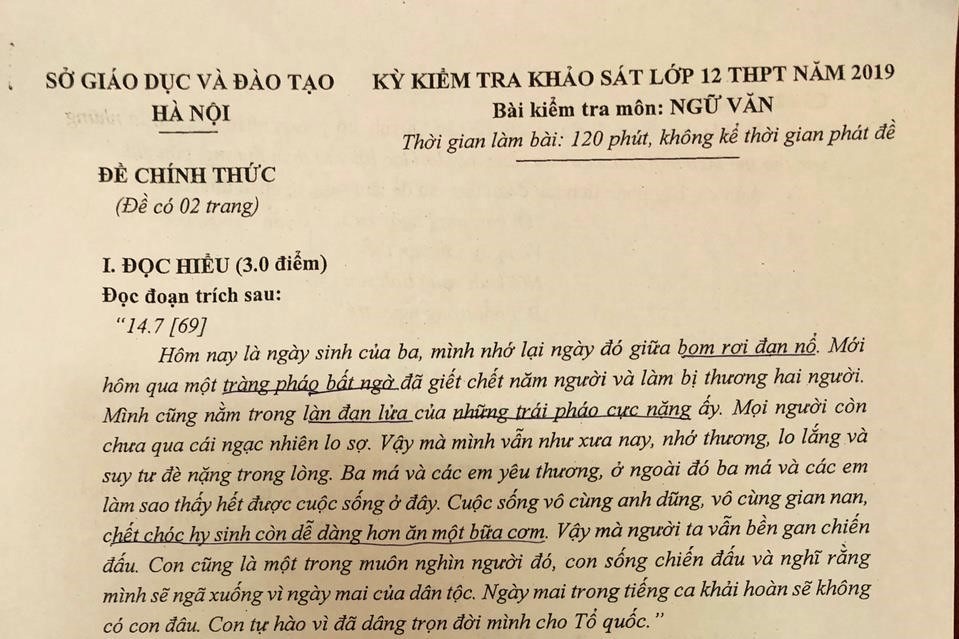 Đề văn thi thử THPT quốc gia năm 2019 của Hà Nội