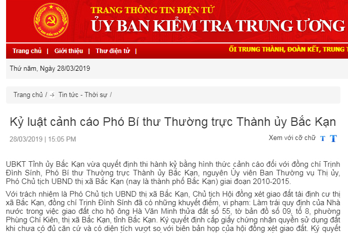 Kỷ luật cảnh cáo Phó bí thư Thường trực Thành ủy Bắc Kạn