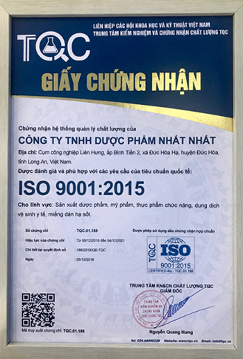 Trung tâm TQC Chứng nhận ISO 9001 cho Dược phẩm Nhất Nhất