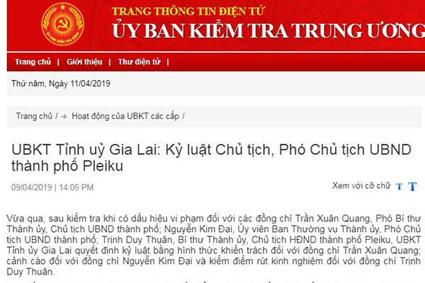 Kỷ luật Chủ tịch, Phó Chủ tịch UBND thành phố Pleiku