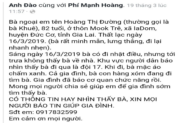 Cụ bà 82 tuổi mang theo nhiều tiền, vàng mất tích bí ẩn