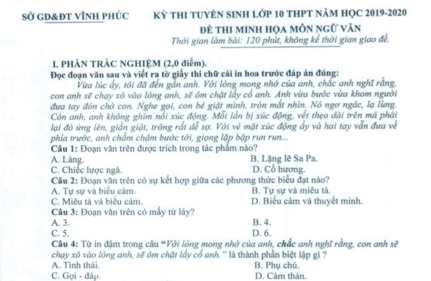 Vĩnh Phúc công bố đề thi minh họa môn Ngữ văn vào lớp 10 năm 2019