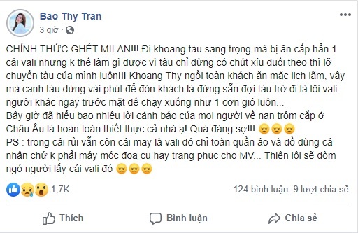 Bảo Thy bức xúc vì bị mất trộm hành lý ở Châu Âu