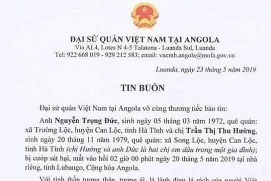 Chị dâu và em chồng người Hà Tĩnh bị cướp sát hại ở Angola