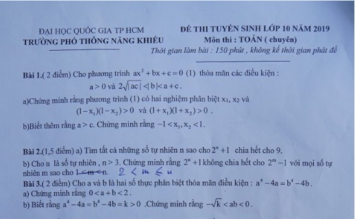 Đề thi môn Toán chuyên vào lớp 10 Trường phổ thông năng khiếu sai dữ liệu