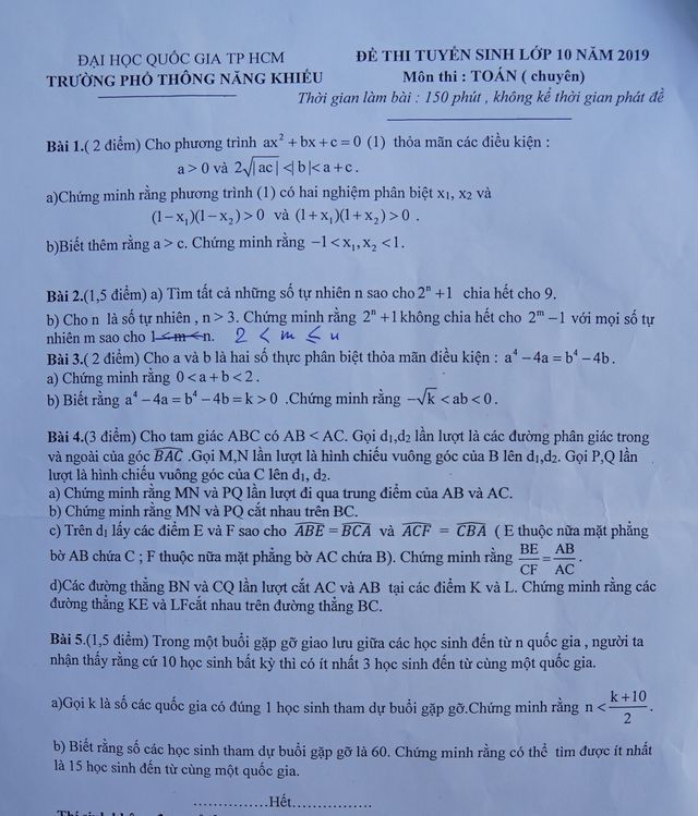 Đề thi môn Toán chuyên vào lớp 10 Trường phổ thông năng khiếu sai dữ liệu
