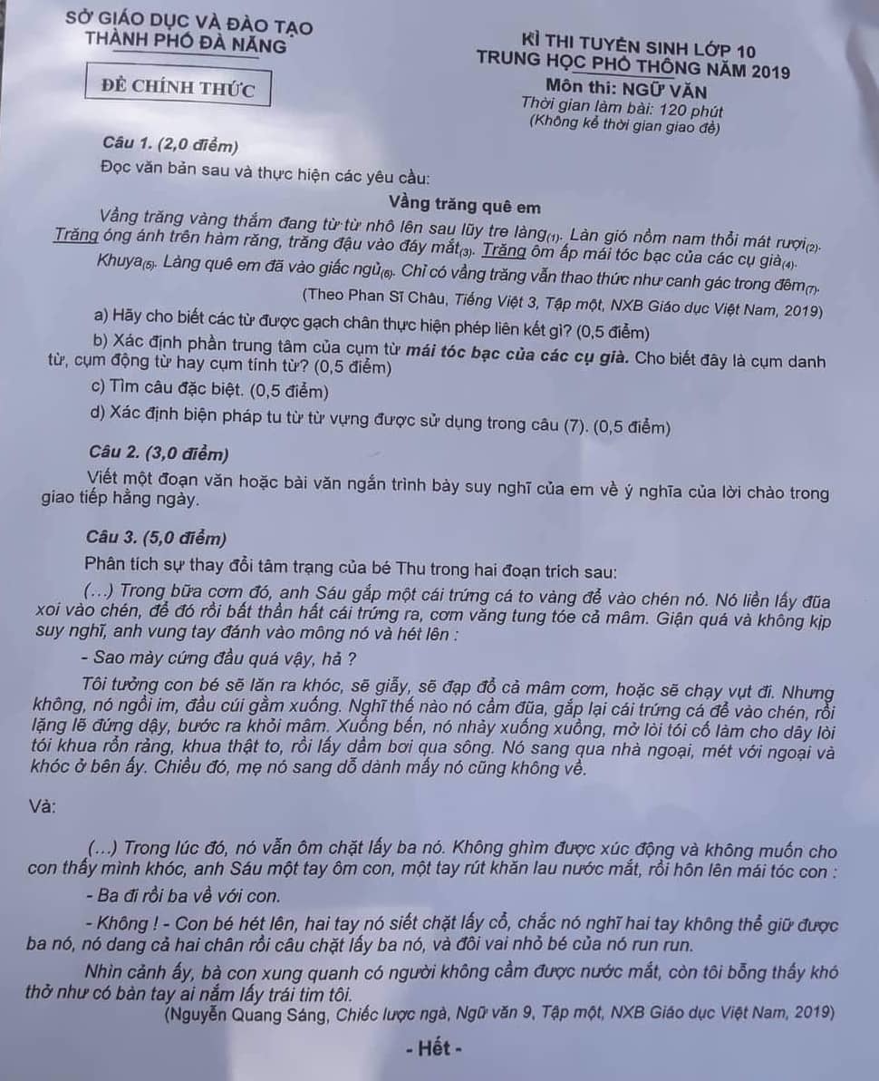 Đề thi tuyển sinh lớp 10 môn văn Đà Nẵng