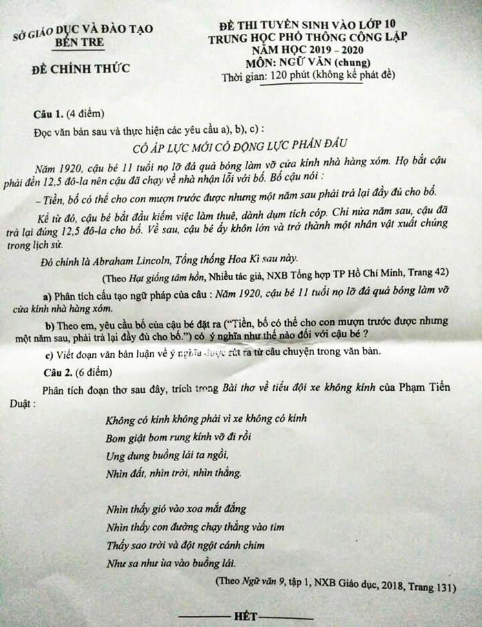 Đề thi Ngữ văn lớp 10 của Bến Tre 'trẻ hóa' Tổng thống Mỹ 100 tuổi