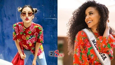 Cuộc chiến váy áo cực gắt của Hoàng Thùy và đối thủ Miss Universe 2019 khi cùng khoác 'chăn con công'
